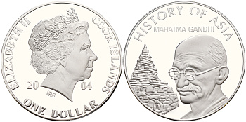 Острова Кука 1 доллар 2004 история Азии, Махатма Ганди KM 1156 медно-никель PROOF 01-234-32