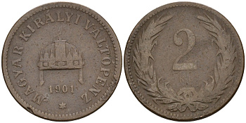 Венгрия 2 филлера 1901 KB, Франц Иосиф I (1848-1916) KM 481 бронза 4151-938