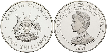 Уганда 1000 шиллингов 1999 серия королева Елизавета-королева мать, королева Мария Текская (1867-1953), тираж 30000 экз. серебро PROOF 1078-5-23