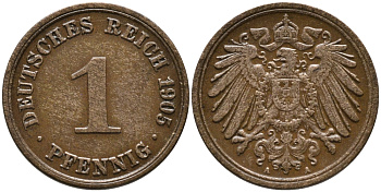 ГЕРМАНИЯ 1 ПФЕННИГ 1905 А KM 10, J. 10 медь 4385-655