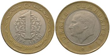 Турция 1 лира 2009 Кемаль Ататюрк KM 1244 биметалл  4561-515