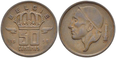 Бельгия 50 сантимов 1958 Belgie, Бодуэн I (1951-1993) KM 149.1 бронза 116-1025