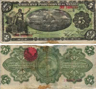 Мексика, Революция 5 песо 1914 Переходное правительство Мексики, штат Веракруз Pick S1104a бумага 6283-30-3