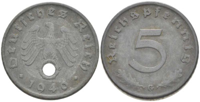 ГЕРМАНИЯ 5 РЕЙХСПФЕННИГОВ 1940 G KM 100, J. 370 цинк 206-1242