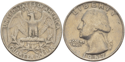 США 25 центов (квотер) 1967 Вашингтон KM 164а медь плакированная медно-никелем 31-722