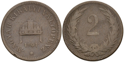 Венгрия 2 филлера 1901 KB, Франц Иосиф I (1848-1916) KM 481 бронза 4151-938