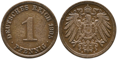 ГЕРМАНИЯ 1 ПФЕННИГ 1905 А KM 10, J. 10 медь 4385-655