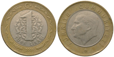 Турция 1 лира 2009 Кемаль Ататюрк KM 1244 биметалл  4561-515