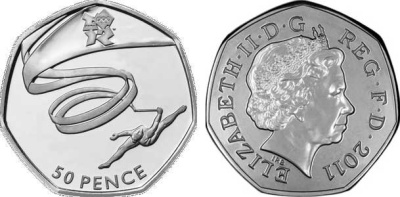 Великобритания 50 пенсов 2011 XXX летние Олимпийские игры в Лондоне в 2012 году, гимнастика, в оригинальном картонном буклете, с Олимпийской голограммой (14/29) KM 1170 медно-никель  UNC  3-6-6-06