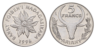 Мадагаскар 5 франков 1996 год-тип KM 21 нержавеющая сталь UNC 213-725