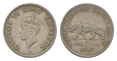 Индия 1/4 рупии 1947 Отметка монетного двора - ромб - Бомбей KM 548 никель 4625-852