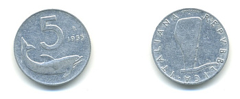 ИТАЛИЯ 5 ЛИР 1955 R, РУЛЬ, ДЕЛЬФИН KM 92 алюминий 80-1233