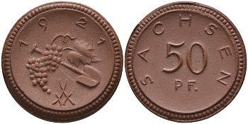 Саксония 50 пфеннигов 1921 виноград и лопата J. N 54 фарфор 1094-5-34