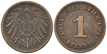 Германия 1 пфенниг 1906 A, Вильгельм II (1888-1918) KM 10, J. 10, Weege 2 медь 4615-221