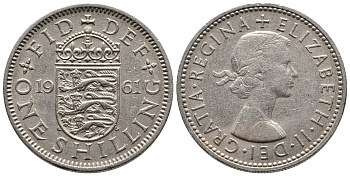Великобритания 1 шиллинг 1961 Елизавета II (1952-2022), Английский герб KM 904, Spink 4147 медно-никель 86-1025