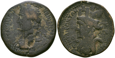 Римская Империя, Провинция Сирия, Лаодикея Приморская AE 138 - 161 Антонин Пий, бюст императора, надчеканка-бюст императора / бюст богини Тихе Mionnet V, 753; Hunter 30 бронза 1100-5-55