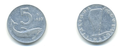 ИТАЛИЯ 5 ЛИР 1955 R, РУЛЬ, ДЕЛЬФИН KM 92 алюминий 80-1233