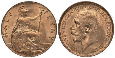 Великобритания 1/2 пенни 1913 Георг V (1910-1936) KM 809, Spink 4056 бронза aUNC 1074-8-75