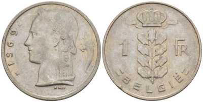 БЕЛЬГИЯ 1 ФРАНК 1969 BELGIE, БОДУЭН I (1951-1993) KM 143.1 медно-никель 202-1035