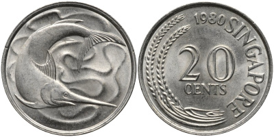 Сингапур 20 центов 1980 тунец KM 4 медно-никель 4577-857