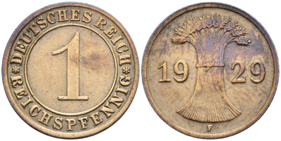 ГЕРМАНИЯ 1 РЕЙХСПФЕННИГ 1929 F KM 37, J. 313, Weege 2 бронза 4547-142