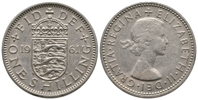 Великобритания 1 шиллинг 1961 Елизавета II (1952-2022), Английский герб KM 904, Spink 4147 медно-никель 86-1025