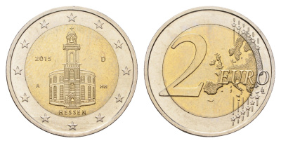 Германия 2 евро 2015 D, Федеральные земли Германии - Церковь Св. Павла во Франкфурт-на-Майне, Гессен KM 336 биметалл UNC 4693-1244