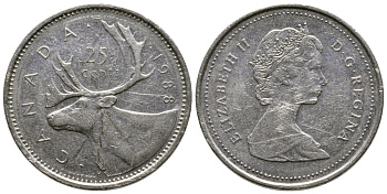 КАНАДА 25 ЦЕНТОВ 1988 ОЛЕНЬ, ЕЛИЗАВЕТА II KM 74 никель 84-1411