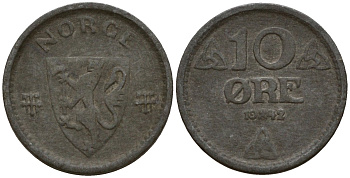 Норвегия 10 эре 1942 Хокон VII (1906 - 1957) KM 389 цинк 4154-758