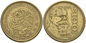 Мексика 100 песо 1987 Мо, Венустиано Карранса де ла Гарса KM 493 алюминиевая бронза 87-755