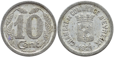 Франция 10 сантимов 1921 НОТГЕЛЬД, ГОРОД ЭВРЕ алюминий 4382-913