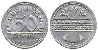 ГЕРМАНИЯ 50 ПФЕННИГОВ 1920 D KM 27, J. 301 алюминий 4380-557
