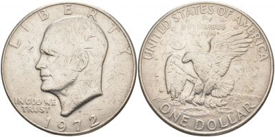 США 1 доллар 1972 D, Президент Эйзенхауэр, лунный орел KM 203 медь плакированная медно-никелем 4537-1125