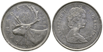 КАНАДА 25 ЦЕНТОВ 1988 ОЛЕНЬ, ЕЛИЗАВЕТА II KM 74 никель 84-1411