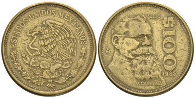 Мексика 100 песо 1987 Мо, Венустиано Карранса де ла Гарса KM 493 алюминиевая бронза 87-755