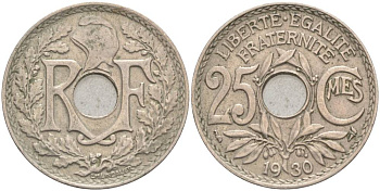 ФРАНЦИЯ 25 САНТИМОВ 1930 ТИП LINDAUER KM 867a, LE FRANC 171.14 медно-никель 55-153