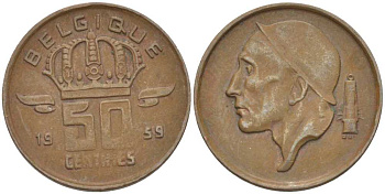 БЕЛЬГИЯ 50 САНТИМОВ 1959 BELGIQUE KM 148.1 бронза 96-455