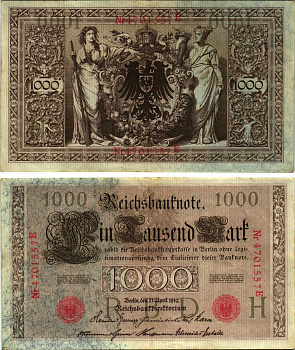 ГЕРМАНИЯ 1000 МАРОК 1910 21 АПРЕЛЯ 1910, СЕМИЗНАЧНЫЙ НОМЕР, СЕРИЯ E Pick 44b бумага 8610-24-1