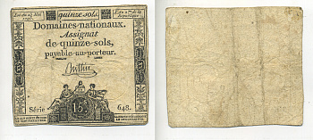 ФРАНЦИЯ 15 СОЛЕЙ 1793 23 МАЯ 1793, ВОДЯНОЙ ЗНАК RF/50s, СЕРИЯ 648 Pick А64b бумага 7552-25-3-1