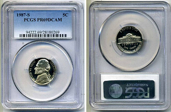 США 5 центов 1987 S, президент Джеферсон, в слабе PCGS PR69CAM KM А192 медно-никель PROOF 15-003-09