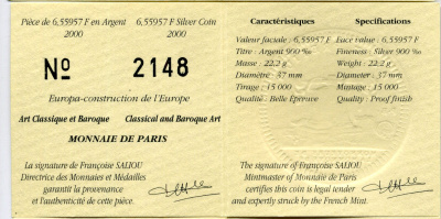 Франция 1 евро = 6,55957 франков 2000 классицизм и барокко в архитектуре (XVII- XVIII веков) в оригинальной коробке, с сертификатом KM 1226 серебро PROOF 4-3-3-15