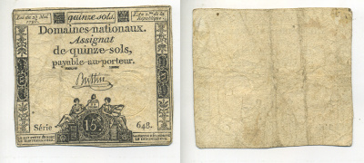 ФРАНЦИЯ 15 СОЛЕЙ 1793 23 МАЯ 1793, ВОДЯНОЙ ЗНАК RF/50s, СЕРИЯ 648 Pick А64b бумага 7552-25-3-1