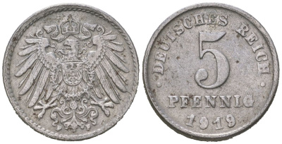 Германия 5 пфеннигов 1919 A, Вильгельм II (1888-1918) KM 19, J. 297 железо плакированная цинком 4615-739