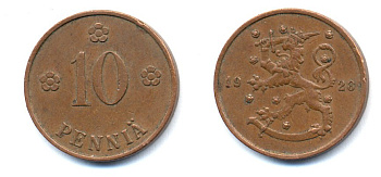 Финляндия 10 пенни 1928 республика (1918-1962) KM 24 медь 46-1624
