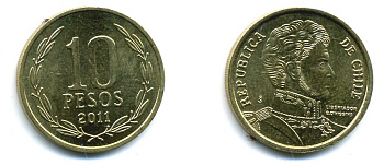 ЧИЛИ 10 ПЕСО 2011 ГЕНЕРАЛ БЕРНАРДО О ХИГГИНС KM 228.2 никель-бронза 37-1133