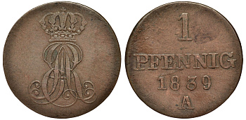 Ганновер 1 пфенниг 1839 A, Эрнст Август (1837-1851) KM 173.1, AKS 126, J. 54 медь 75-1135