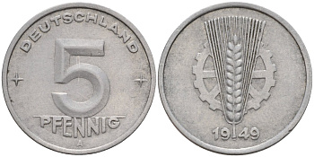 ГДР 5 пфеннигов 1949 A KM 2 алюминий 4174-941