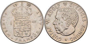 Швеция 1 крона 1973 U, Густав VI Адольф (1950-1973) KM 826a медь плакированный медно-никелем 4150-351