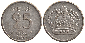 Швеция 25 эре 1955 TS, Густав VI Адольф (1950-1973) KM 824 серебро 4179-912