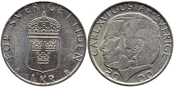 Швеция 1 крона 2000 Карл XVI Густав (1973- ) KM 852а медно-никель 4364-2044